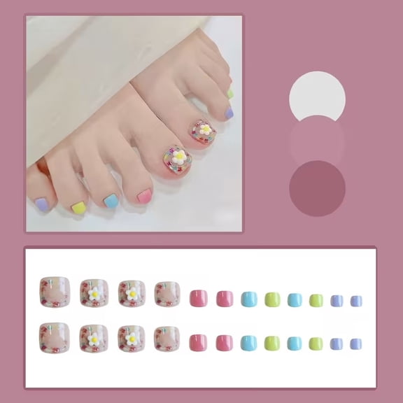 24Pcs Macaron Square Pedicure Nails with Daisy Glitter Accents