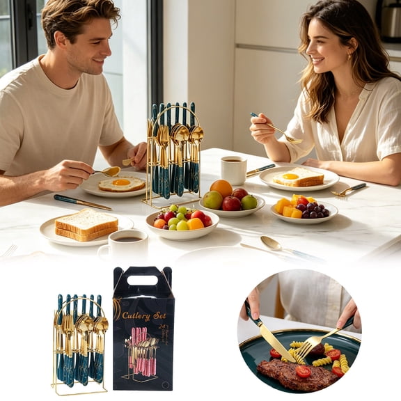 24Pcs Marble Handle Cutlery Set With Gold Storage Rack Stainless Steel Flatware Decorative Utensils For Home Wedding Gift(Green-30.5Cmx15.3Cmx13.7Cm)