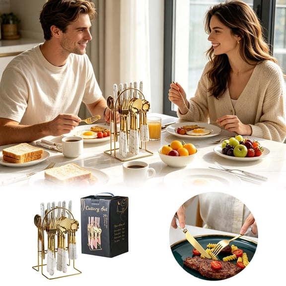 24Pcs Marble Handle Cutlery Set With Golden Storage Rack Stainless Steel Flatware 6 Person Dining Knife Fork Spoon Set For Kitchen(White-30.5Cmx15.3Cmx13.7Cm)