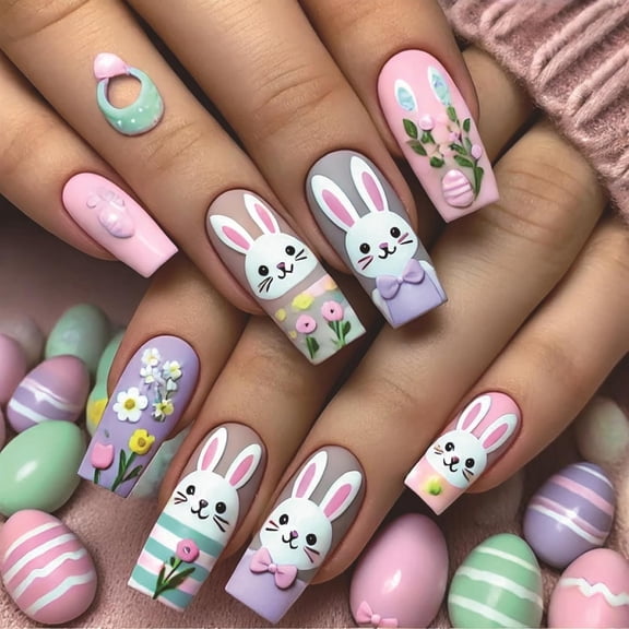 24Pcs Matte Easter Press on Nails Long Coffin Fake Nails Pink Purple Reusable False Nail with Cute Bunny Flower Pattern Design Spring Summer Easter Nails Press ons Artificial Stick on Nails for Women