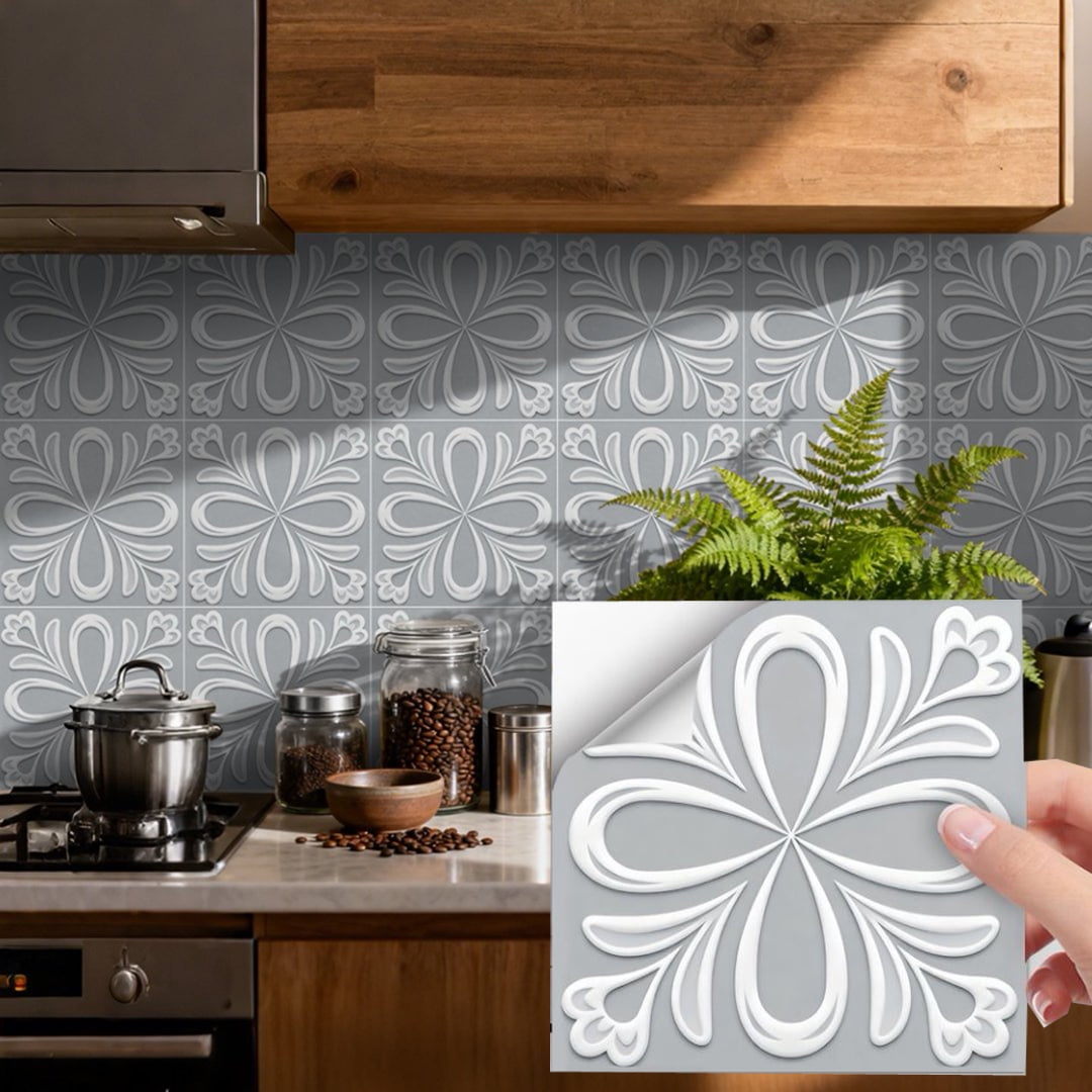 24Pcs Matte PVC Tile Sticker Waterproof Peel and Stick Backsplash 7.87" x 7.87" Gray White Flowers Wall Stickers Self Adhesive DIY Decor Decals