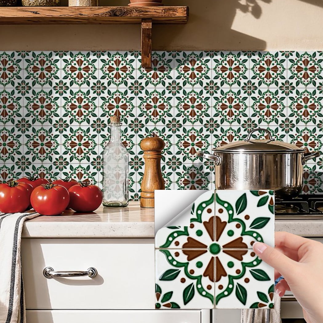 24Pcs Matte PVC Tile Sticker Waterproof Peel and Stick Backsplash 7.87" x 7.87" Green Brown Flowers Wall Stickers Self Adhesive DIY Decor Decals