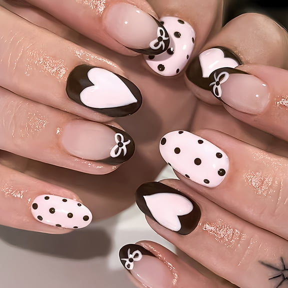 24Pcs Matte Press-On Nails with Heart Bows & Glitter Accents for Wedding, Party, Daily Wear