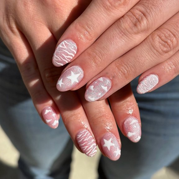 24Pcs Medium Almond Acrylic Press On Nails, Glitter Fake Nails with White Star Cloud Zebra Stripe Design, Reusable Removable Wearable False Nail Art, Daily Party Vacation Manicure for Women & Girls