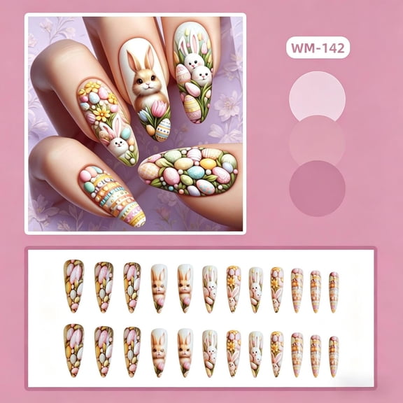 24Pcs Medium Almond Easter Press On Nails, Cute 3D Bunny Colorful Easter Egg Floral Fake Nails, Reusable Removable Nail Tips For Easter Holiday Party Daily Festival Manicure Decor