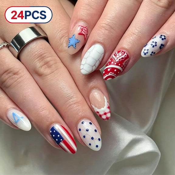 24Pcs Medium Almond Press On Nails, American Flag Stripe Mixed Full Cover Acrylic Fake Nails Reusable Glue On False Nail Tips for 4th of July Patriotic Holiday Casual Women Nail Art Decoration