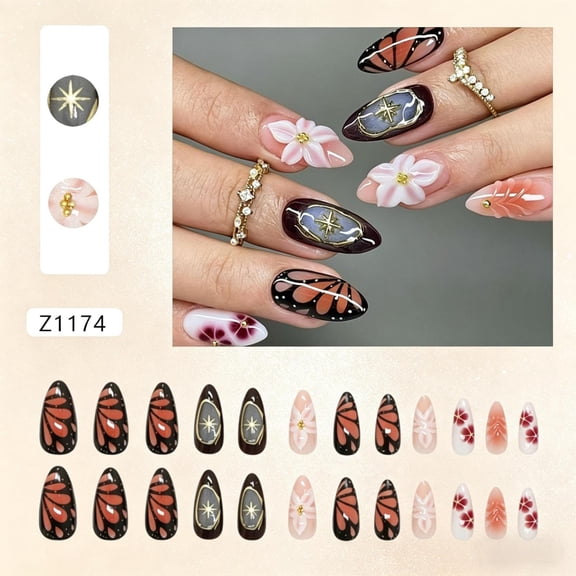 24Pcs Medium Almond Press On Nails, Vintage Ins European Style 3D Pink Flower Butterfly Metal Star Fake Nails, Removable Reusable Glossy Nail Tips For Dating Wedding Daily Elegant Manicure Decor