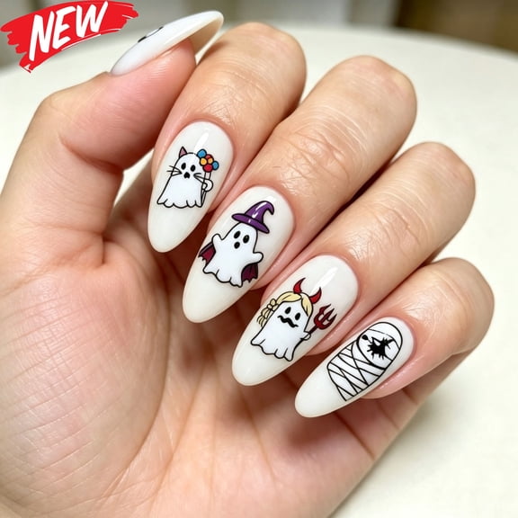 24Pcs Medium Almond Press On Nails for Women, Halloween Fake Nails with Cute Cartoon Ghost Devil Mummy Witch Design, White Base Reusable GlueOn False Nail Tips for Halloween Party Daily Manicure