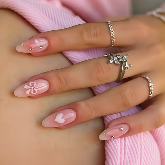 24Pcs Medium Almond Press on Nails Gradient Blush Pink Heart Bow Design