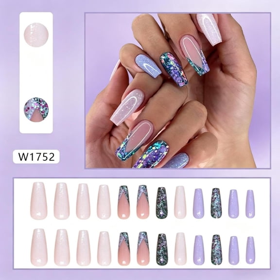 24Pcs Medium Coffin Press On Nails, Nude Lavender Glitter French Tip Sparkle Sequins Acrylic Nail Extensions, Reusable Full Cover False Nails for Women Daily Party DIY Salon Nail Art
