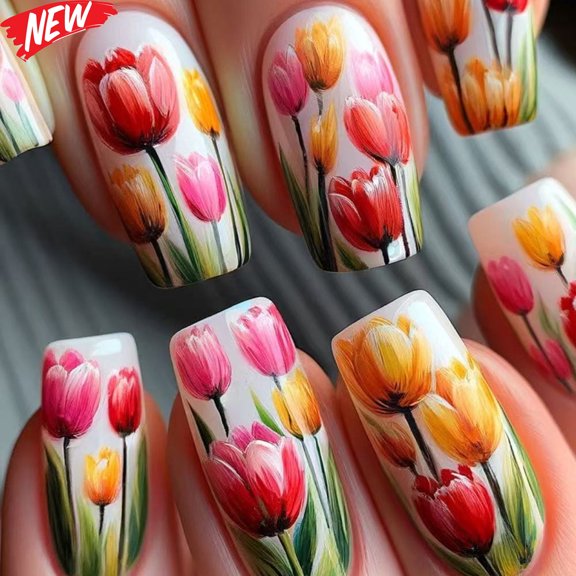 24Pcs Medium Coffin Press On Nails for Women, Milky White Fake Nails with Colorful HandPainted Tulip Flower Print, Reusable GlueOn False Nail Tips for Spring Wedding Dating Holiday Manicure
