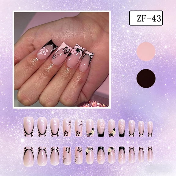 24Pcs Medium Square Black Pink French Tip Press On Nails, Nude 3D Flower Rhinestone Reusable Full Cover False Nail Tips, Elegant Fake Nails for Women Daily Party DIY Salon Manicure Nail Art