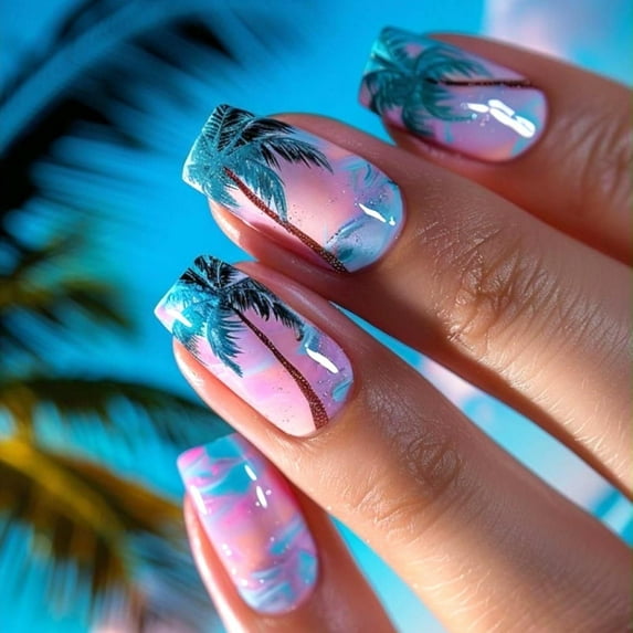 24Pcs Medium Square Press on Nails Summer Fake Nails with Watermelon Designs Cute Cartoon False Nails Glossy Glue on Nails Artificial Acrylic Nails Summer Fruit Stick on Nails for Women