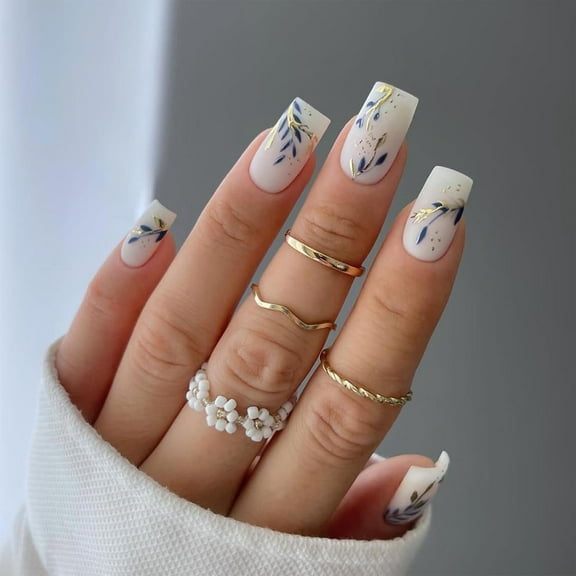24Pcs Medium Square Press on Nails Jade White Color Chinese Style Fake Nails Gold Blue Leaves Design Nails Full Cover Uas Postizas Spring Summer Matte False Nails for Women Daily Wear Multicolor 3