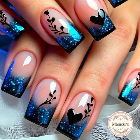 24Pcs Medium Square Press On Nails, Reusable Acrylic Stick On Nails, Salon Quality Natural Nails, Blue Glitter Black Heart Print, Manicure With Fast Removal, Portable Fake Nail, Gifts for Women Girls