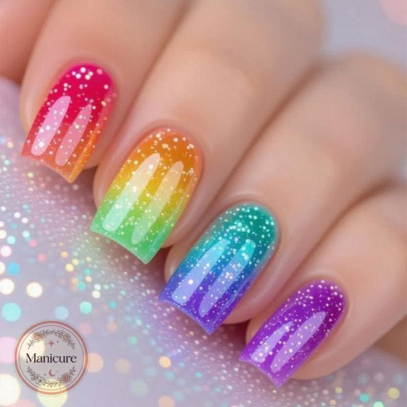 24Pcs Medium Square Press On Nails, Reusable Acrylic Stick On Nails, Salon Quality Natural Nails, Rainbow Gradient Glitter, Manicure With Fast Removal, Portable Fake Nail, Gifts for Women