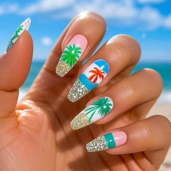 24Pcs Medium Square Press on Nails Summer Fake Nails with Watermelon Designs Cute Cartoon False Nails Glossy Glue on Nails Artificial Acrylic Nails Summer Fruit Stick on Nails for Women