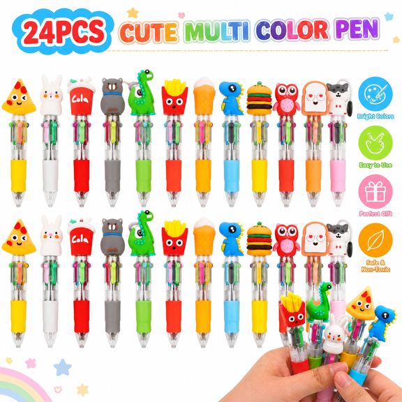 24Pcs Mini 4-in-1 Multicolor Ballpoint Pens Cute Kawaii Cartoon Pens Bulk Set with 4 Ink Colors for Party Favors, Birthday Gifts and Event Giveaways