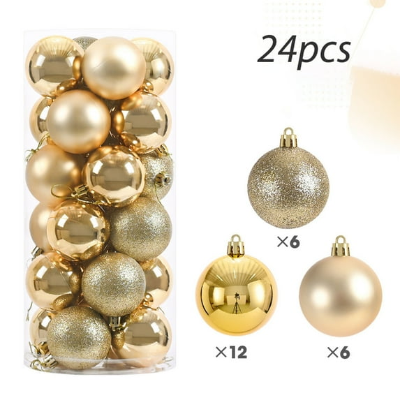 24Pcs Mini Christmas Balls Ornaments, Shatterproof Christmas Hanging Balls for Xmas Tree, Holiday, Wedding, Mardi Gras Party Gold Color