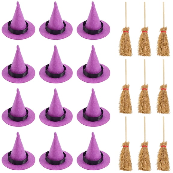 24Pcs Mini Hats Purple Felt Small Witches Brooms Broomstick Decorations Polyester for Miniatures Wizard Dollhouse Carnival Party Favors Birthday Wedding DIY Crafts Accessories DIY