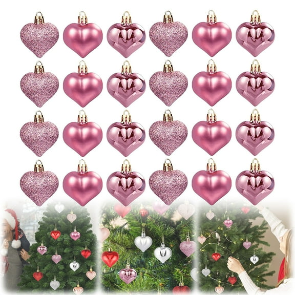 24Pcs Mini Heart Ornaments, 3 Different Finishes Heart Shaped Hanging Ornaments, 1.8 inch Hanging Christmas Baubles, Mini Hanging Decoration Wedding Anniversary Birthday Party