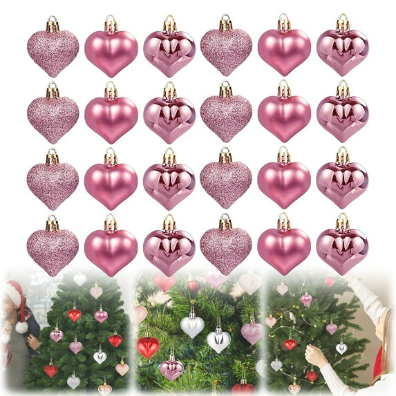 24Pcs Mini Heart Ornaments, 3 Different Finishes Heart Shaped Hanging Ornaments, 1.8 inch Hanging Christmas Baubles, Mini Hanging Decoration Wedding Anniversary Birthday Party
