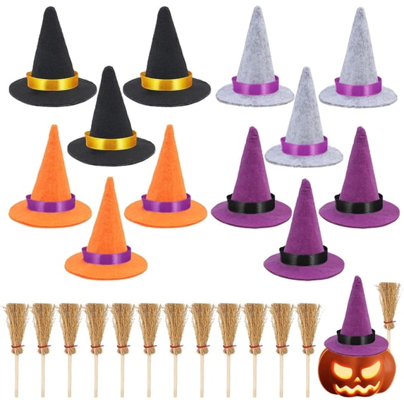 24Pcs Mini Witch Hats and Mini Witch Brooms Decorations Craft for Party Birthday Wedding Witch Wizard Party Supplies Colorful