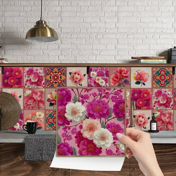 24Pcs Modern Flower Tiles Wall Stickers Decals 8 x 8in DIY Decor Mural Self Adhesive Waterproof Kitchen Backsplash Peel and Stick PVC Tile
