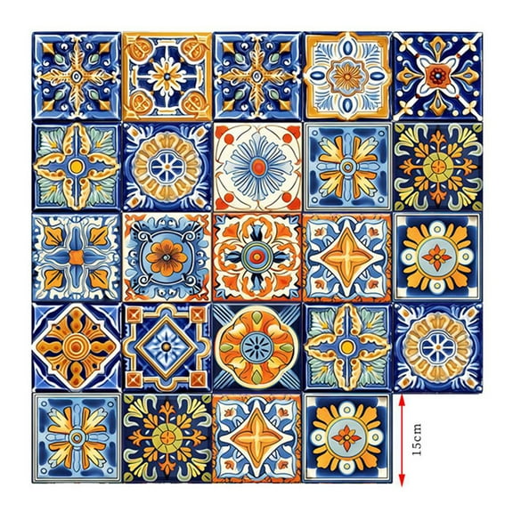 24Pcs Moroccan Tile Stickers 5.9x5.9 Inch Self-Adhesive Square Wallpaper for Kitchen Bathroom Living Room Wall Decor