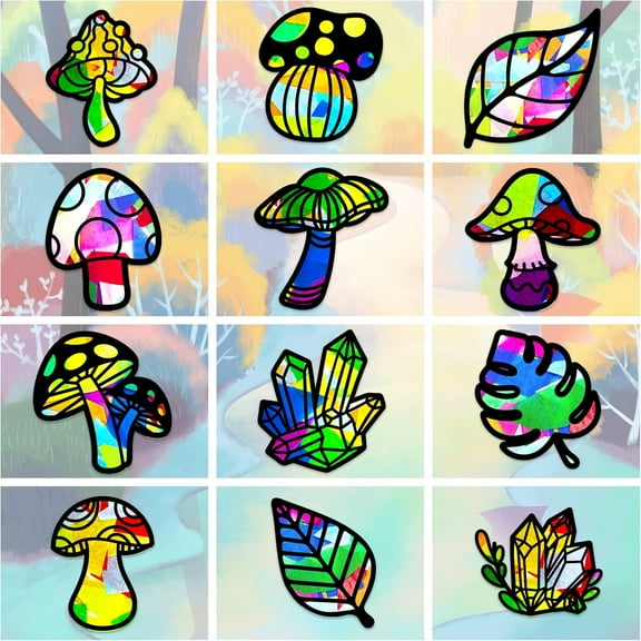 24Pcs Mushroom and Leaf Stained Glass Effect Paper Suncatchers Window Clings with Colored Papers DIY Window Decals Window Paint Art Stickers for DIY Crafts Door and Window Holiday Decor