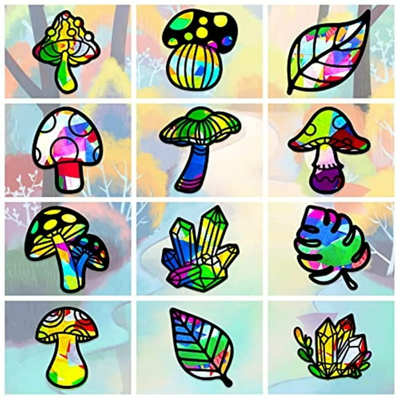 24Pcs Mushroom and Leaf Stained Glass Effect Paper Suncatchers Window Clings with Colored Papers for Indoor Door Decals