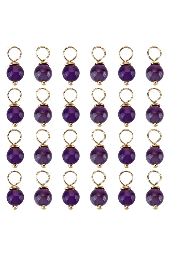 24Pcs Natural Amethyst Pendants Round with 304 Stainless Steel Loops Golden 15mm