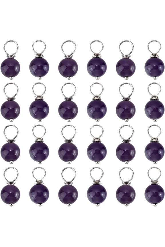 24Pcs Natural Amethyst Pendants Round with 304 Stainless Steel Loops Stainless Steel Color 15mm Craft