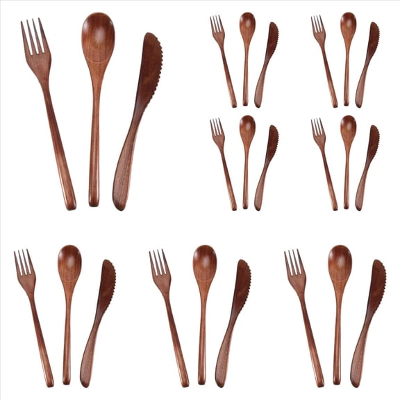 24Pcs Natural Wood Spoon Fork Knife Dinner Cutlery Set, Eco Friendly Kitchen Flatware Table Utensils