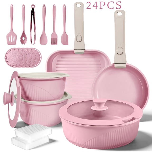 24Pcs Non-Stick Pots and Pans Cookware Set, Induction Compatible Stackable Kitchen Cookware with Removable Handles, Includes Skillet Frying Soup Steak Pan, Easy Clean Multi Color Cooking Kit for