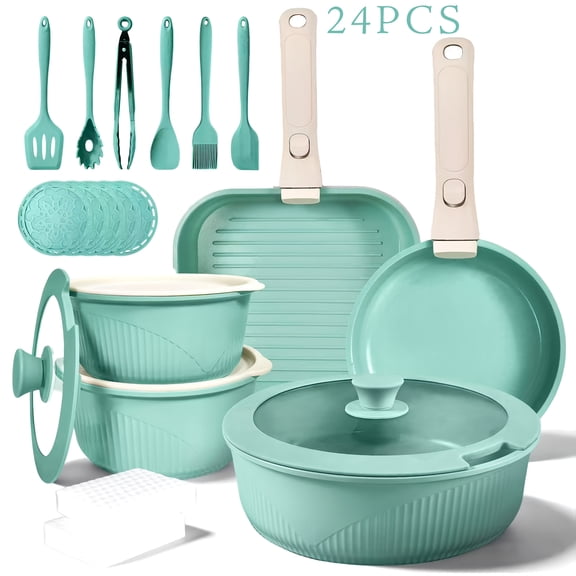 24Pcs Non-Stick Pots and Pans Cookware Set, Induction Compatible Stackable Kitchen Cookware with Removable Handles, Includes Skillet Frying Soup Steak Pan, Easy Clean Multi Color Cooking Kit for