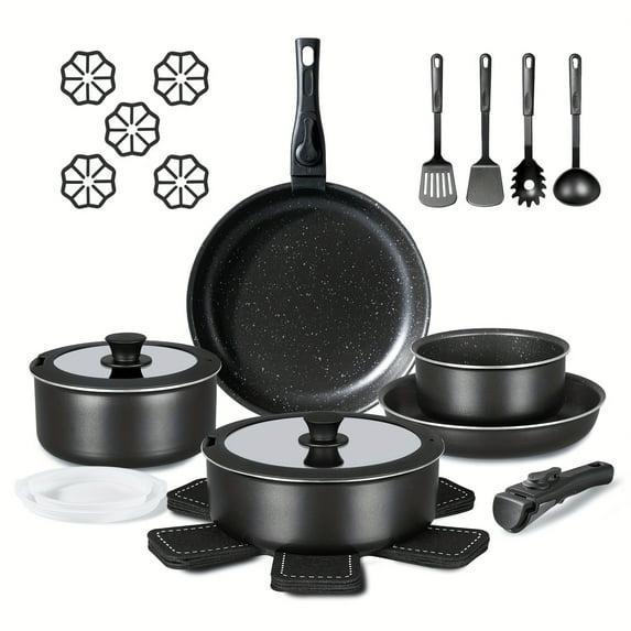 24Pcs Nonstick Kitchen Cookware Set with Detachable Handles, Stackable RV Cooking Set, Oven & Dishwasher Safe, Heat Safe Up to 350°F, White Black Pots and Pans for Home Kitchen