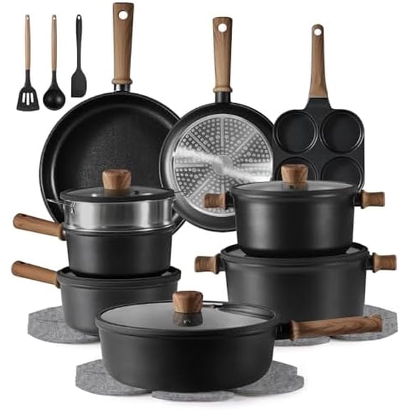 24Pcs Nonstick Kitchen Titanium Cookware Sets, Non stick Pots and Pans set, Induction Cookware Set Black