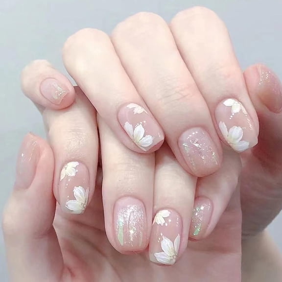24Pcs Nude Gradient Press on Nails with White Flower Design, Glossy Short Square False Nails Gel Glue on Nails, Shiny Foil Flake Manicure Art Acrylic Fake Nails Stick on Nails for Women Nail Art Nude