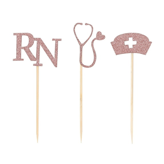 24Pcs Nursing Cake Topper Nurse Graduation Cupcake Toppers Nurse Cupcake Picks Party Cake Decoration ( Rose Golden )