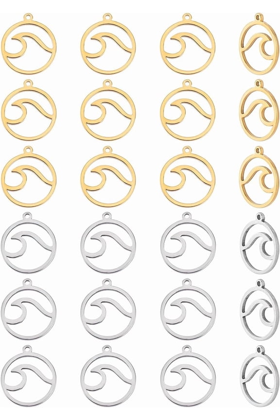 24Pcs Ocean Charms 2 Colors Flat Round with Wave Charms Metal Sea Wave Charms for Jewelry Making 17x15mm Colorful