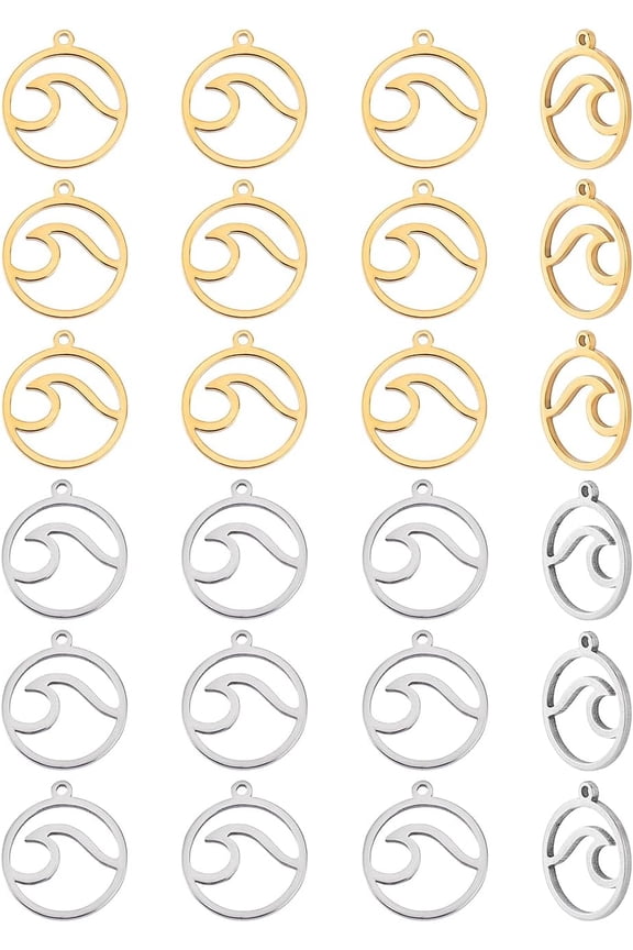 24Pcs Ocean Charms 2 Colors Flat Round with Wave Charms Metal Sea Wave Charms for Jewelry Making 17x15mm Multi-color