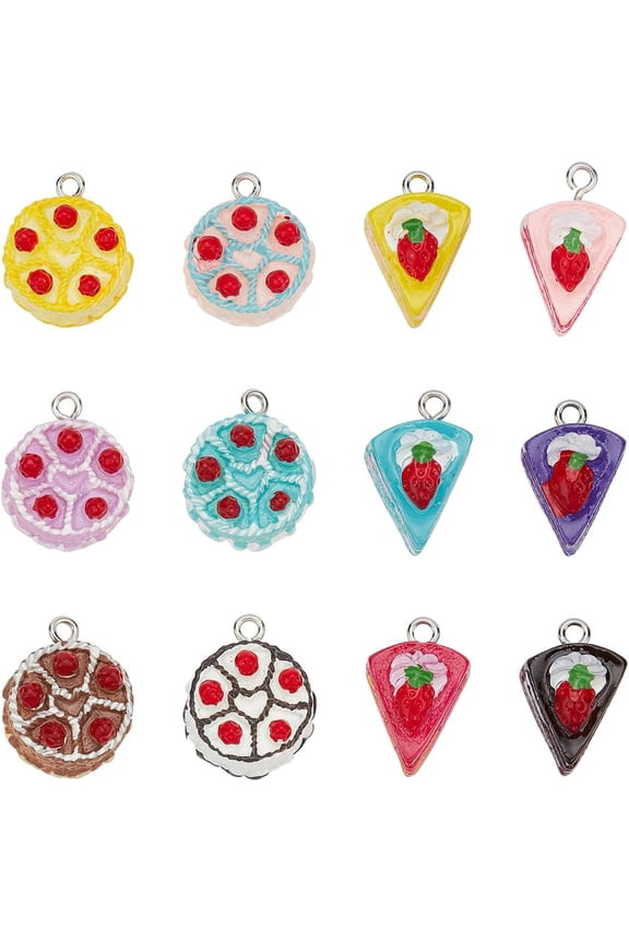 24Pcs Opaque Resin Imitation Food Pendants Cake Charm with Strawberry with Platinum Tone Iron Loops Mixed Color 19-20x12.5-17x11.5-13mm Hole: 2mm