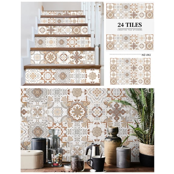 24Pcs PVC Waterproof Tile Stickers for Kitchen and Bathroom, Retro Design