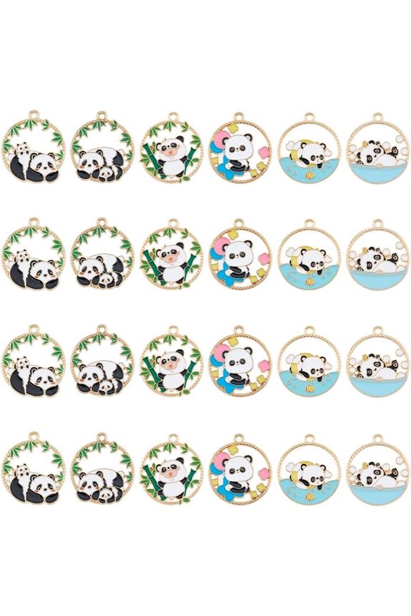 24Pcs Panda Charms 6 Styles Alloy Enamel Panda Charms Flat Round Charms with Assorted Panda Cute Animal Charms Bamboo Panda Pendants for DIY Jewelry Crafting Hole: 1.8mm colorful