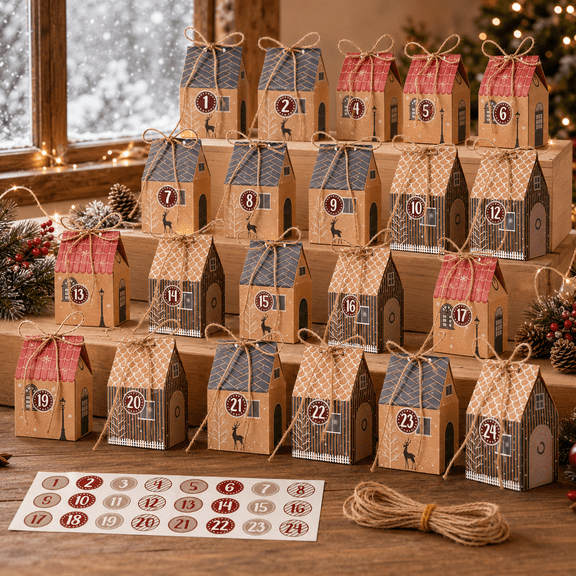 24Pcs Paper Christmas House Gift Boxes, Vintage Advent Calendar Candy Treat Containers with Number Stickers, DIY Holiday Favor Boxes for Christmas Eve