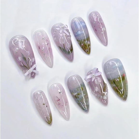 24Pcs Peach Blossom Press on Nails Cat's Eye Nude Glitter False Nail for Women&Girl Spring and Summer Detachable Wearable Nail