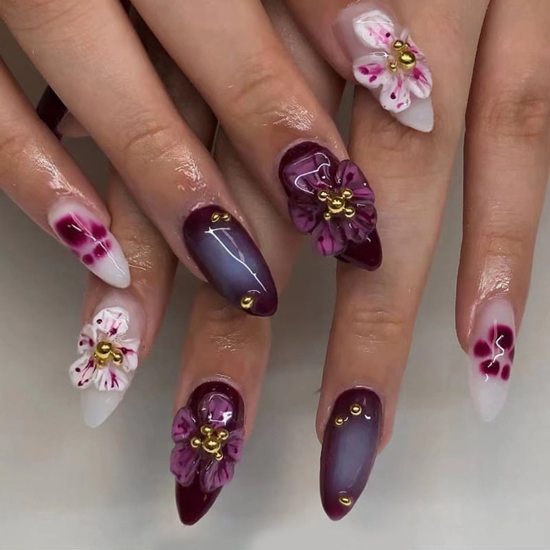 24Pcs Peach Blossom Press on Nails Cat's Eye Nude Glitter False Nail for Women&Girl Spring and Summer Detachable Wearable Nail