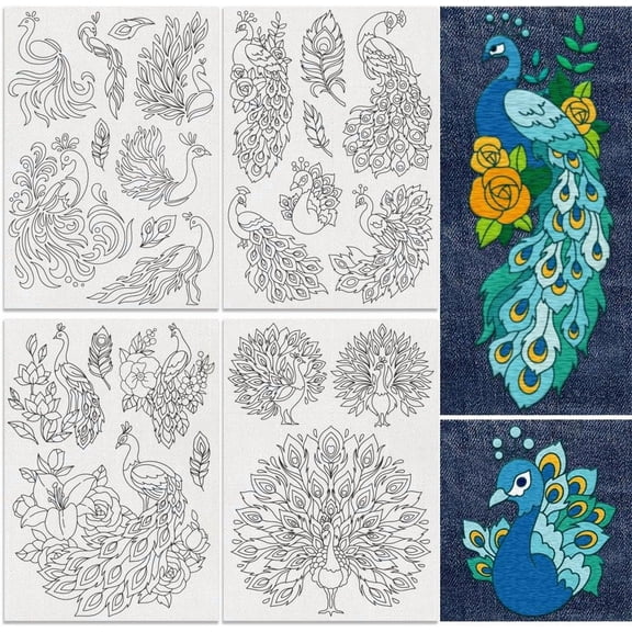 24Pcs Peacock Water Soluble Hand Sewing Stabilizers 8.3"x11.7" Peacock Embroidery Pattern Stabilizer 4 Sheets Animal Stick and Stitch Embroidery Paper Sticker