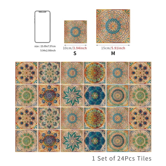 24Pcs Peel and Stick Backsplash Tile Stickers, Removable Colorful Mandala Moroccan Wallpaper, Stick on Wall Decals for Kitchen Bathroom Laundry Stair Fireplace Art Decor